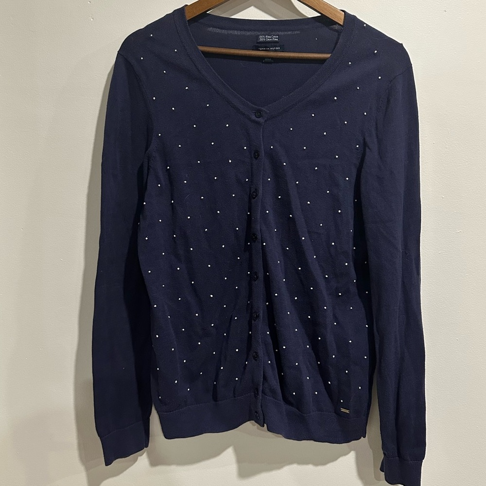 TOMMY HILFIGER 100% Cotton Navy Polka Dotβ Preppy Classic Cardigan Size L